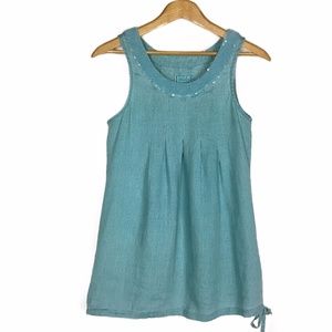 Long Teal Pure Linen Sequined Tunic Tank Top Dress